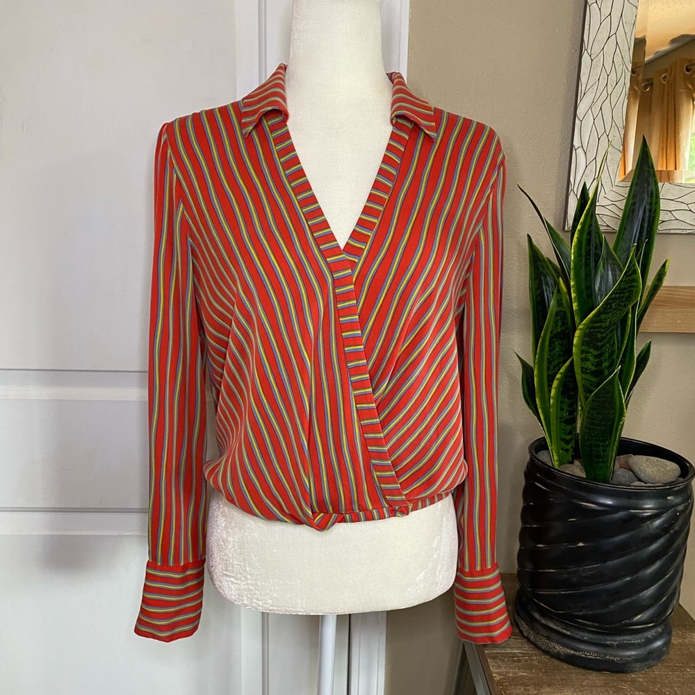 Diane Von Furstenberg Silk Stripe Wrap Blouse